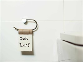 An empty toilet roll with "Don't Panic" written on the last hanging sheet of paper.